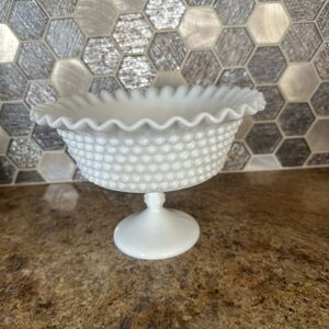 Vintage Milk Glass Hobnail Ruffled Edge Pedestal Bowl